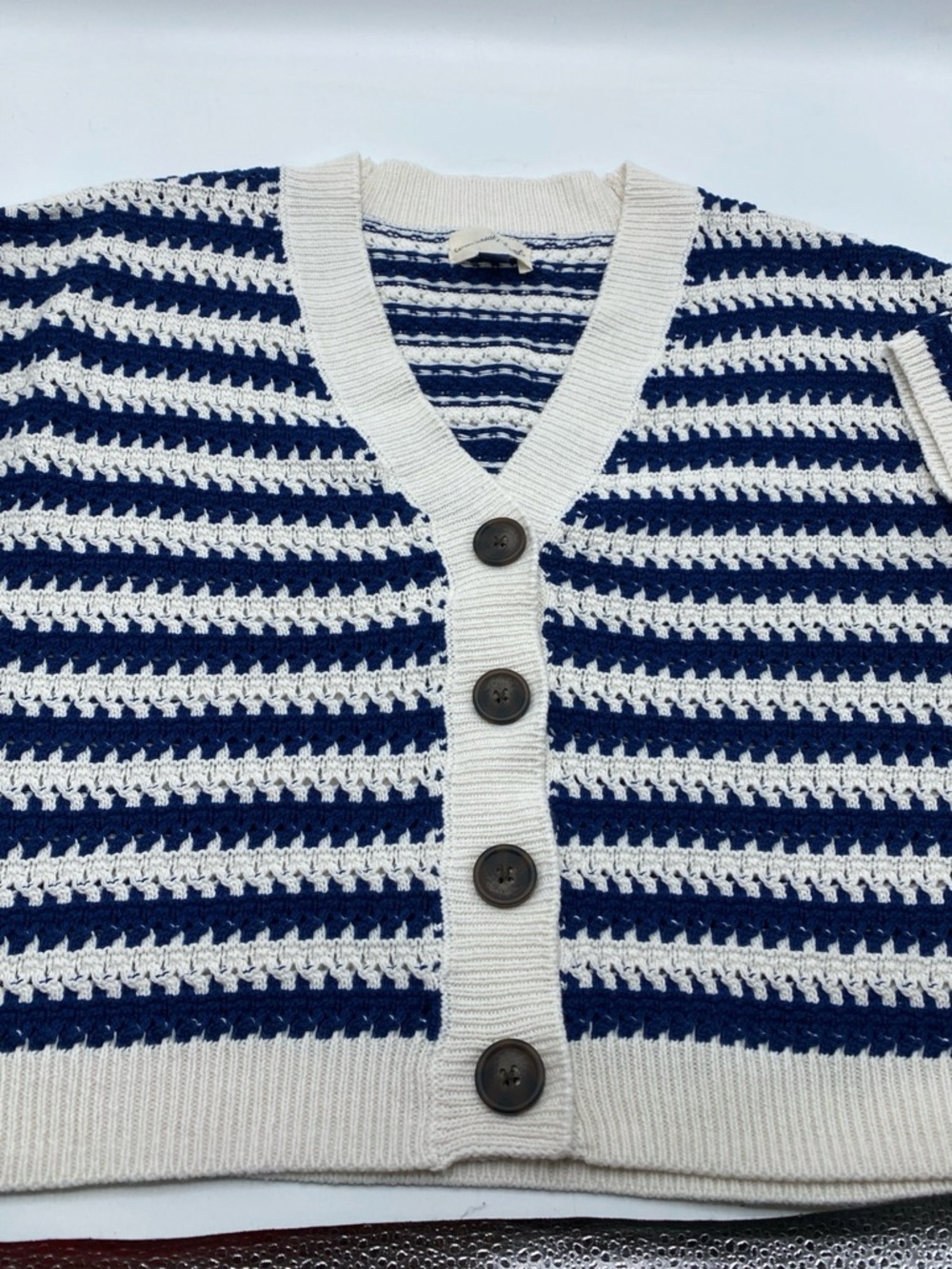 Womens Cardigan Blue Striped Crochet Knit Cottagecore Nautical Sailor Sweater Sm